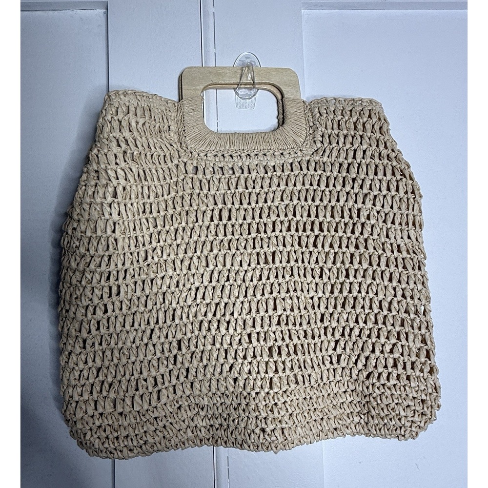 Woven Straw Raffia Handbag Wooden Handles Beach Resort Boho Tote Purse